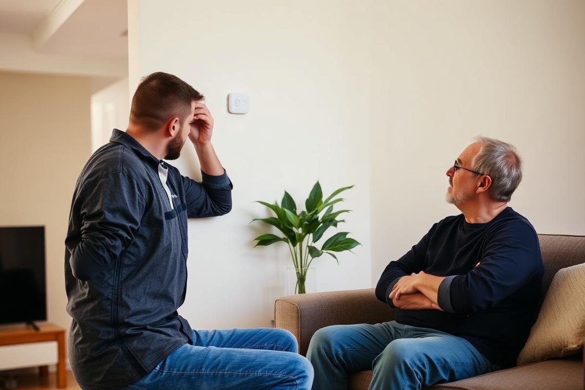 Home technician configuring a smart hub in a living room while the homeowner watches from the couch