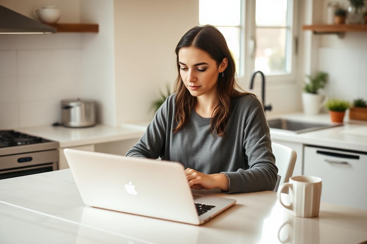 Homeowner calmly working on a clean, secure laptop in a bright home kitchen