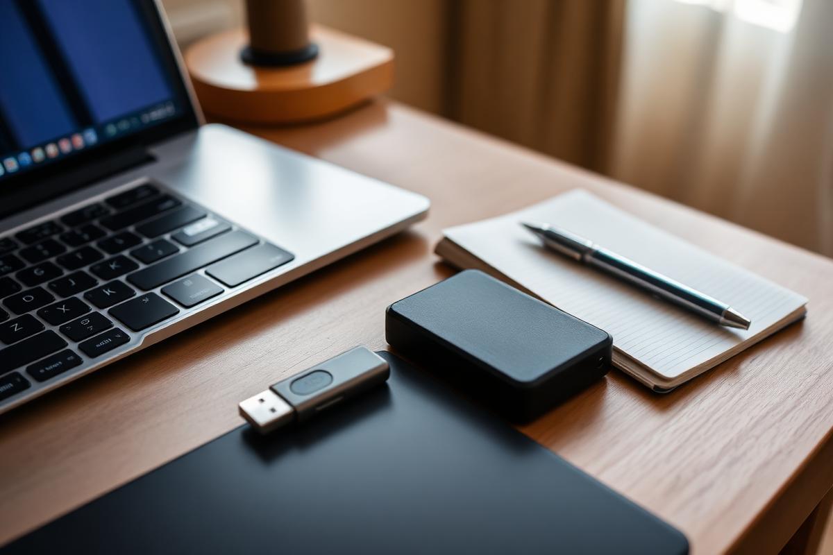 Portable technician toolkit — USB drive, external SSD, notebook — staged next to a home laptop