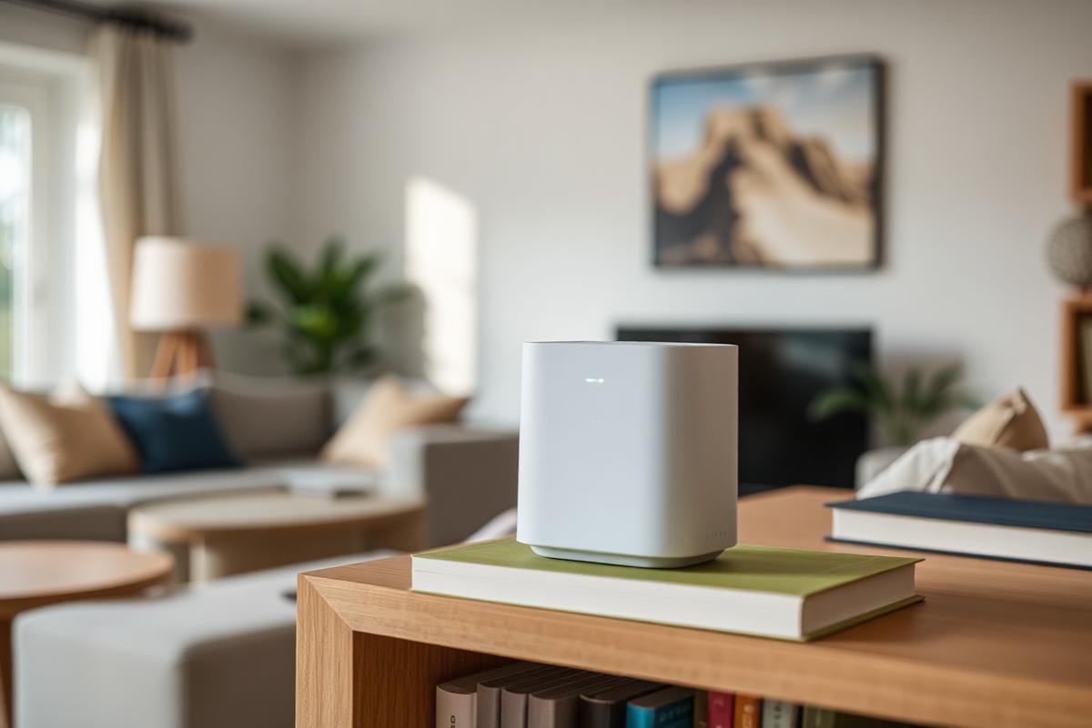 Modern mesh Wi-Fi node placed on a bookshelf in a residential living room